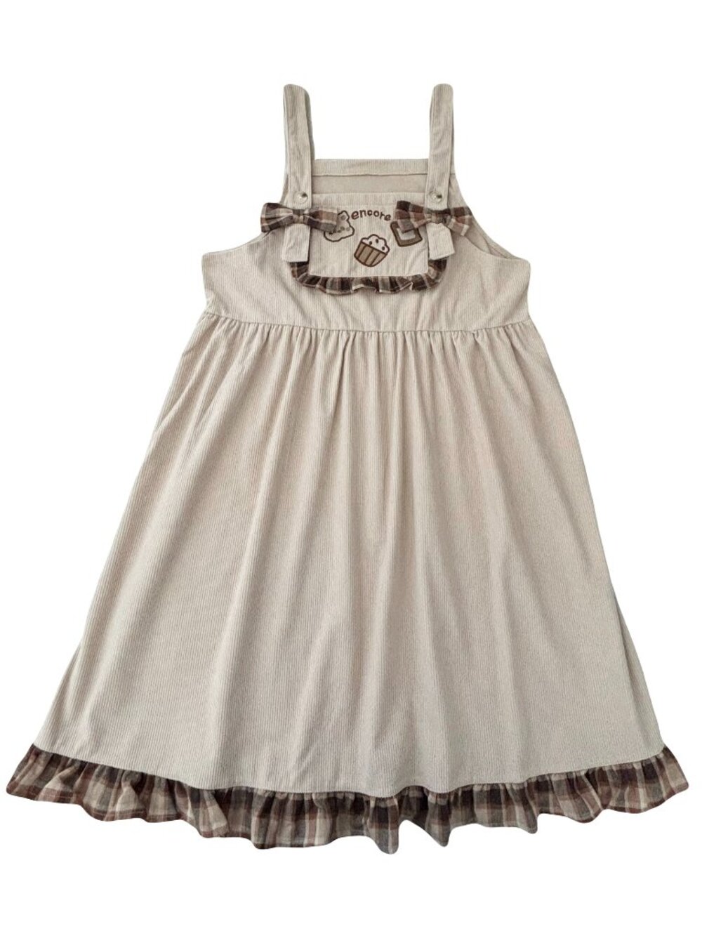 Chocolate ruffle bear cream corduroy strap dress